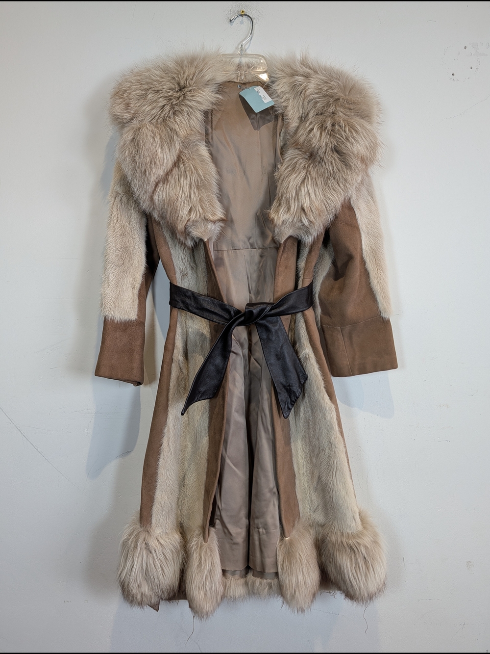 Luxury Beige & Brown Rabbit Fur-Trim Suede Coat, Size Small